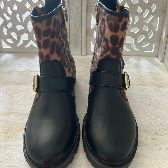NEW Nine West Arria Leopard Animal and Black Combat Boots Moto Gold Buckles 9 - Picture 4 of 9
